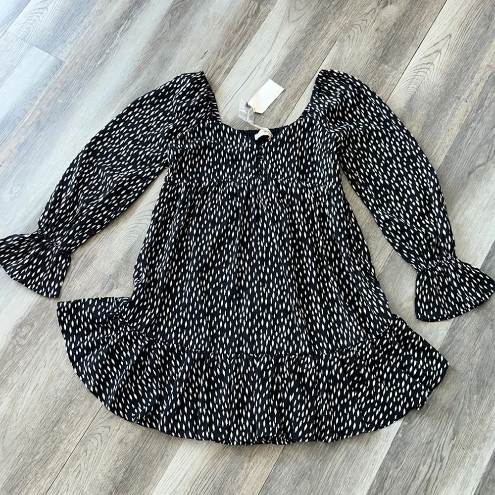 NWT New In Boho Long Sleeve Flowy Black & White A-Line Mini Dress Sz M
